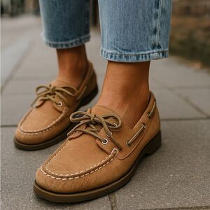 Sperry Women’s Tan Leather Boat Shoes with Plaid Lining, Size 7.5